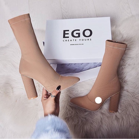egoofficial Shoes - Rose Ribbed Block heel Sock boot In Nude knit
